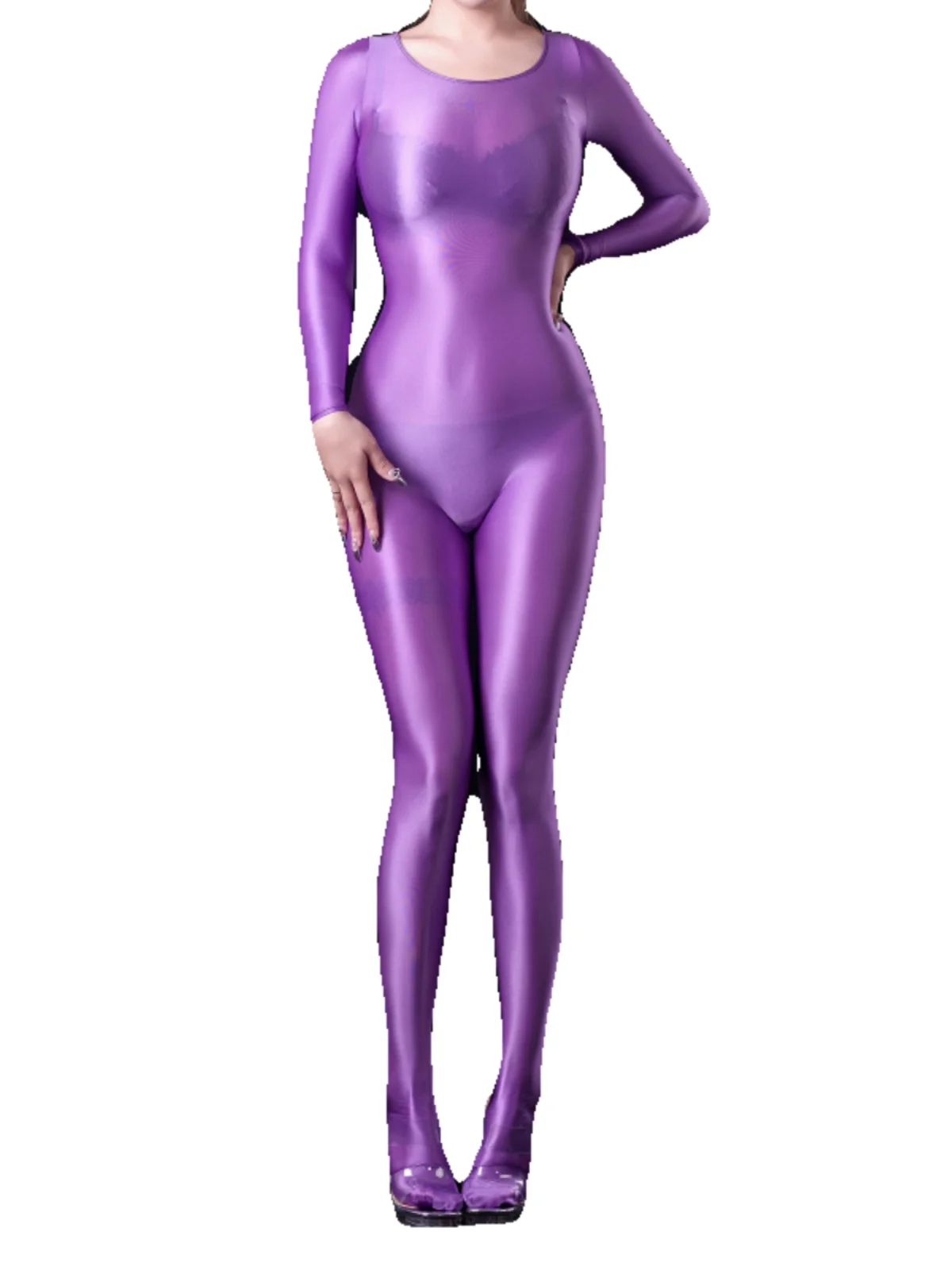 Glossy Ultra Thin See Through Jumpsuit Long Sleeve Sexy Women Plus Size Sportswear Playsuit