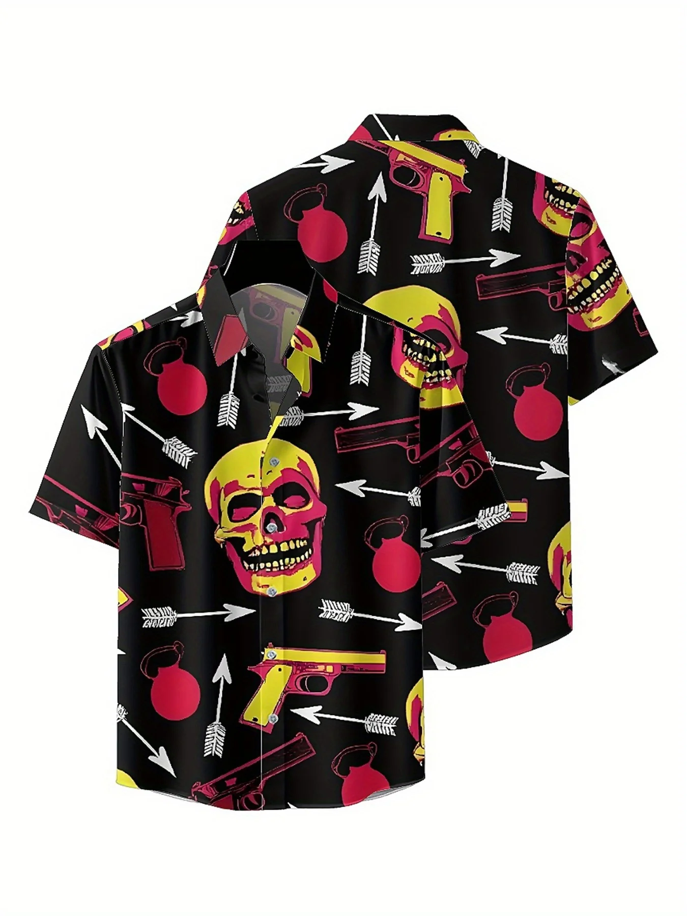 قمصان هاواي مقاس كبير للرجال _ نمط جمجمة وأسلحة، قمصان بأزرار، ملابس كاجوال للجنسين، قمصان صيفية