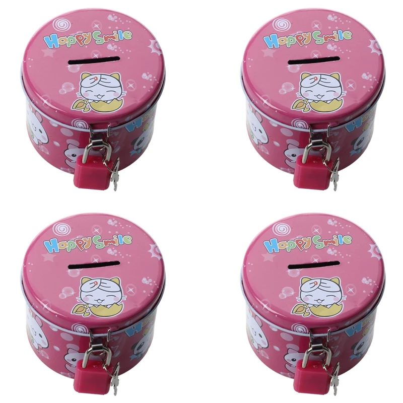 4X Cylinder Design Cartoon Print Piggy Bank Coin Money Saving Box W Padlock