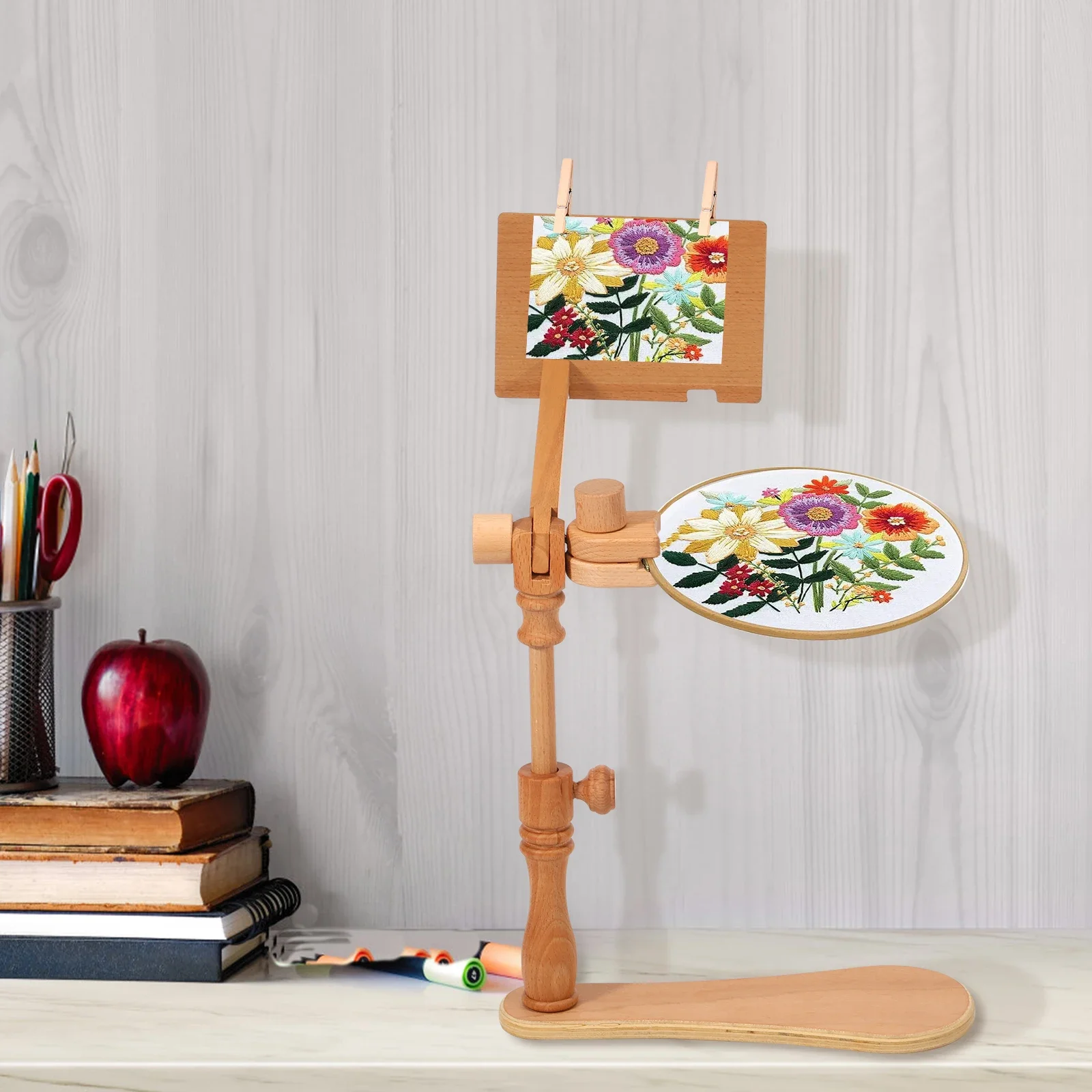 

Embroidery Hoop Stand Adjustable Beech Wood Cross Stitch Stand Rotated Embroidery Frame Stand for Art Craft Sewing Needlework