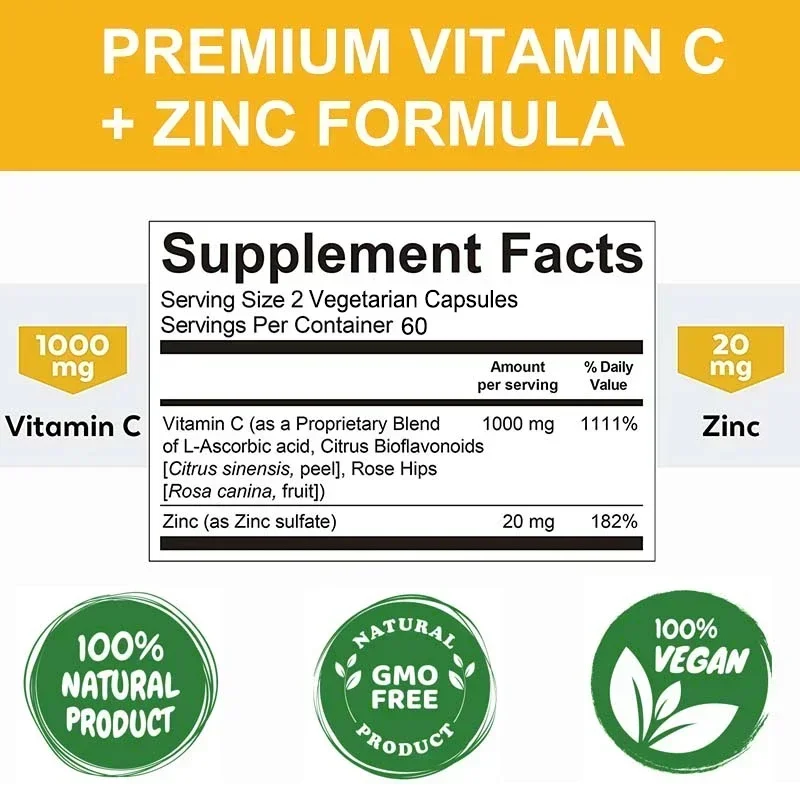 Vitamin C + Zinc, 1000 mg Vitamin C and 20 mg Zinc, Immune Support Dietary Supplement, Improves Nutrient Absorption, Antioxidant