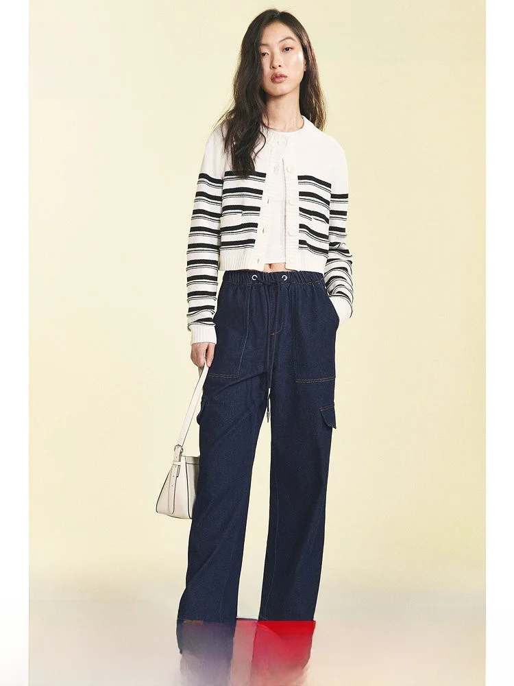 

H&M Летние женские модные повседневные джинсовые брюки-карго с широкими штанинами, естественная талия, хлопок 95%, полиэстер 5%