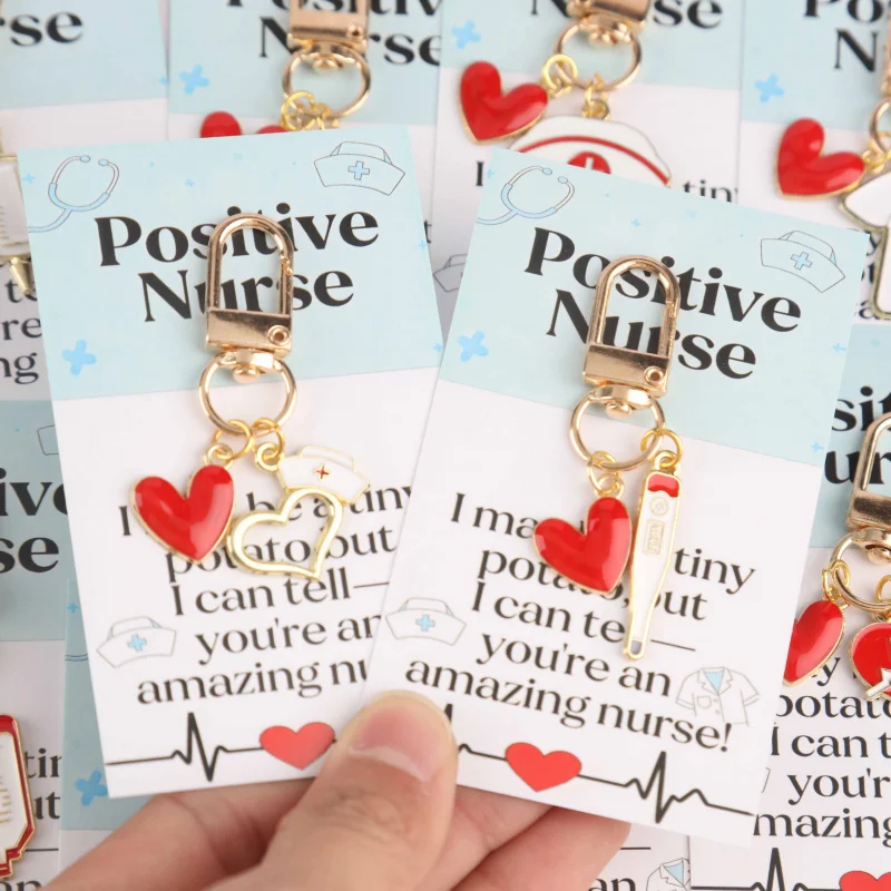10pcs Interesting medical-themed set with red heart keychain Belt“A proactive nurse”Card  Decorate clothes Bag Keychain，Holiday