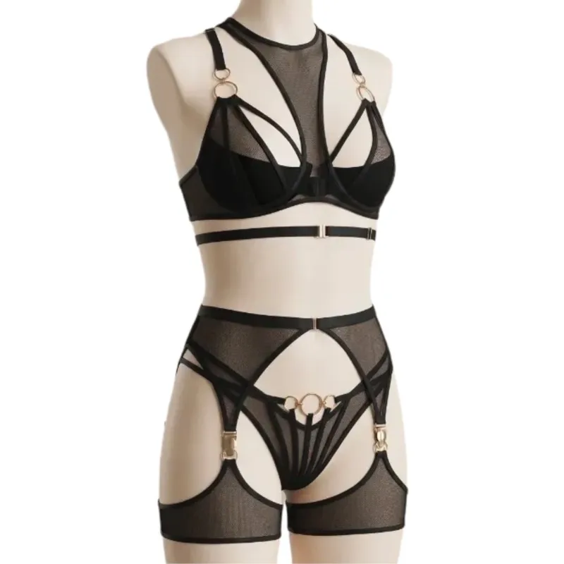 4pcs Lingerie Set Mesh See Through Bra Panty Garter Stockings Choker Hollow Out Splicing Sexy Underwear Shapewear Costume Party