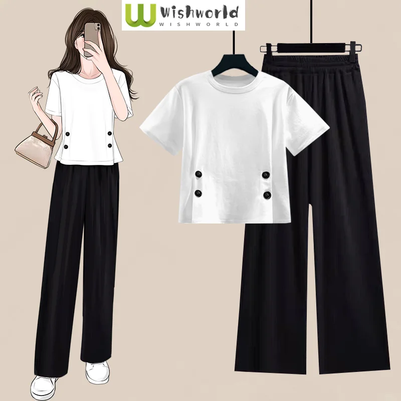 Fashionable Age Reducing Set for Women with Summer Design Button Up Short T-shirt+high Waisted Wide Leg Pants Two-piece Set