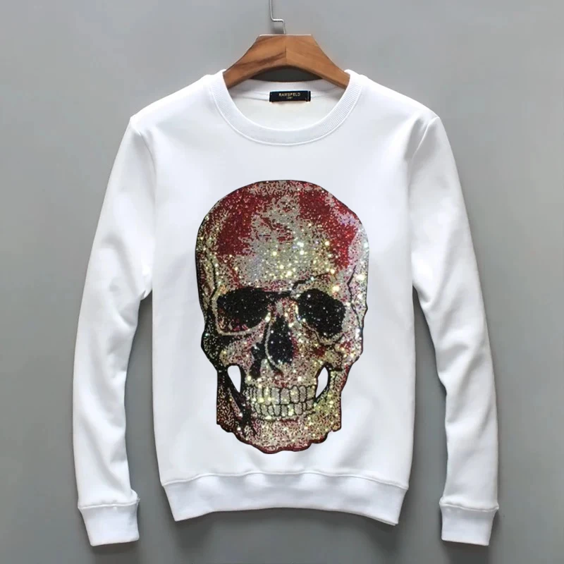 Men's personality brand heavy craft skull hot drilling round neck handsome long-sleeved sweater