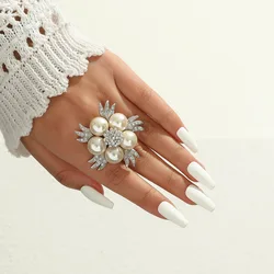 Elegant Zircon Flower Silver Color Rings Women's 2023 New Fashion Vintage Big Pearl Jewelry Luxury Party Adjustable Rings