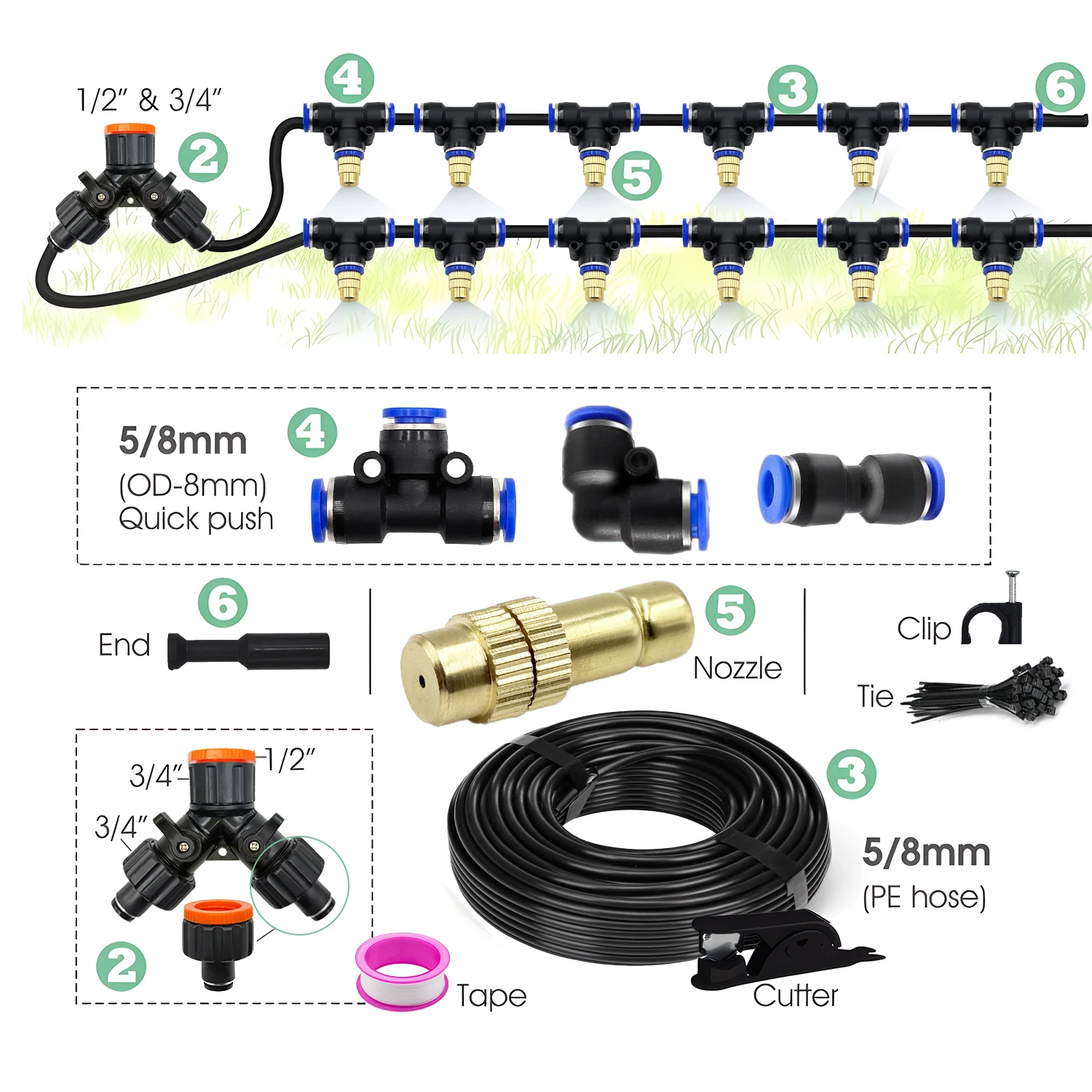 Brass Atomizing Nozzle 30-5M 5/8mm Hose Mist Spray Cooling Watering System for Garden Vegetables Plants Outdoor Use