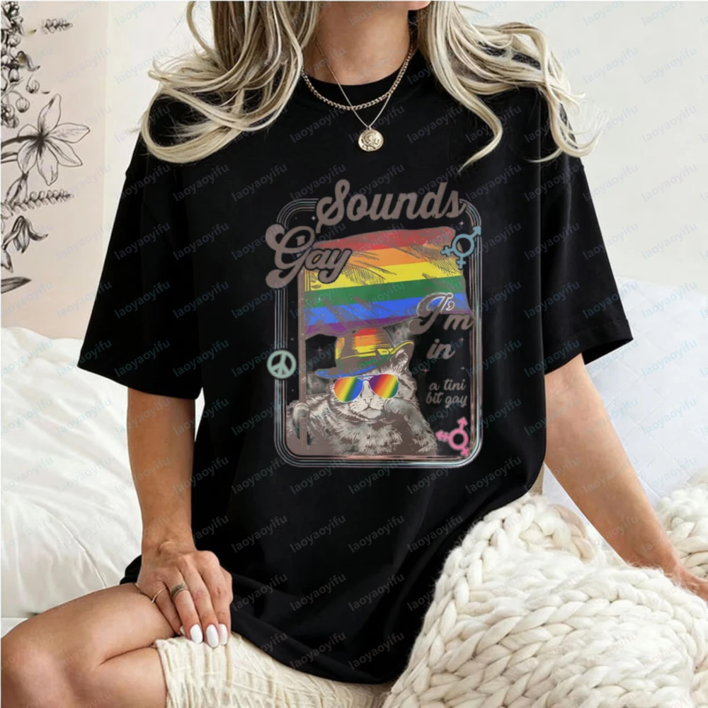 Fashion Rainbow Cat Peace Symbol Graphic Tshirt LGBTQ Pride Lovers Women's Shirt Gay Community Gifts Cute Casual Retro Style Top