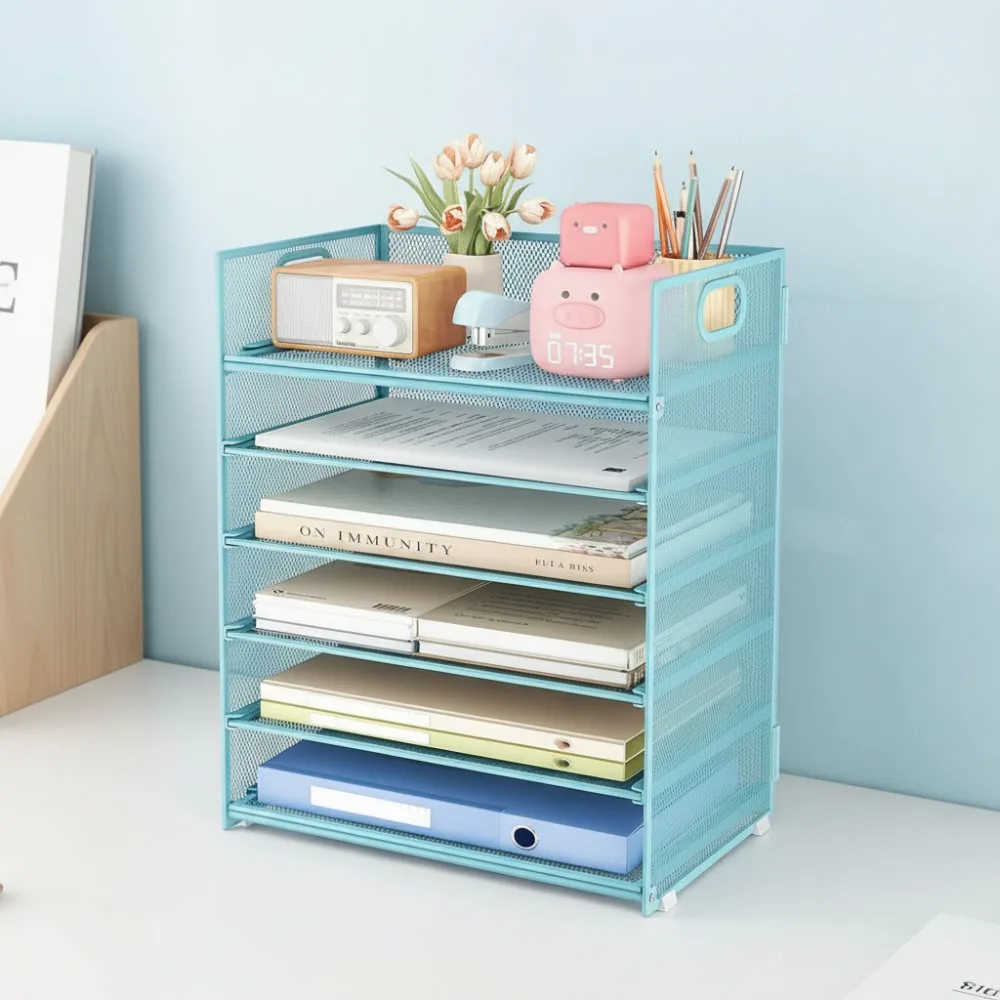 

6-уровневый настольный органайзер для бумаги с ручкой, металлический сетчатый лоток для файлов для офиса, дома, школы, рабочего пространства, синий, 2 шт.