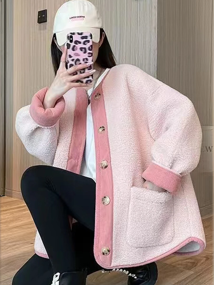 Plus Size Autumn and Winter Plus size Loose Corduroy Patchwork Lamb Wool Outerwear Women Fur Integrated Warm Contrast Color L...