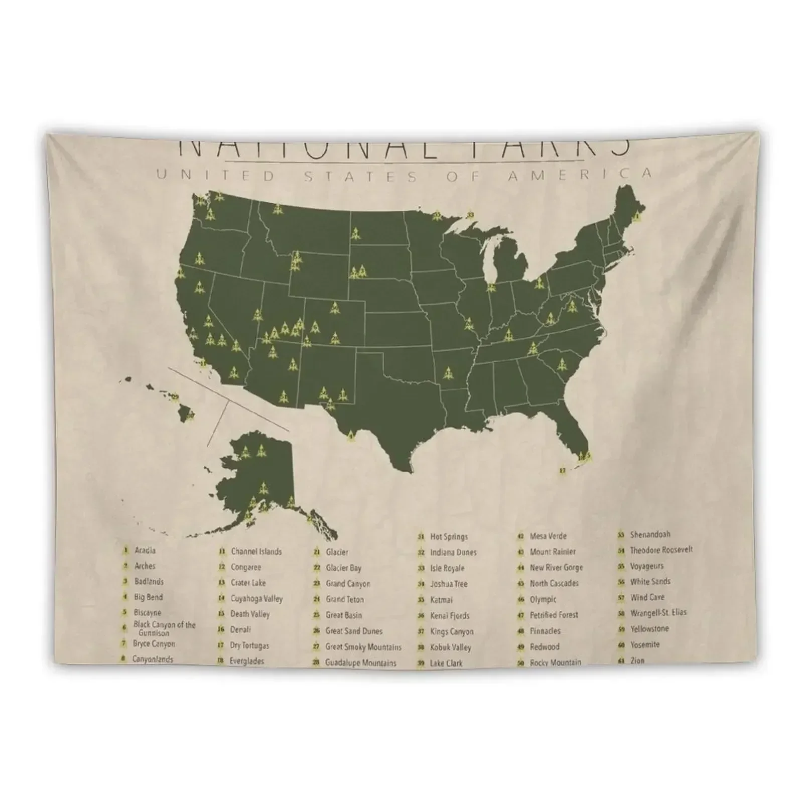 US National Parks w/ State Borders Tapestry Custom Bedroom Decor Aesthetic Wall Art Tapestry