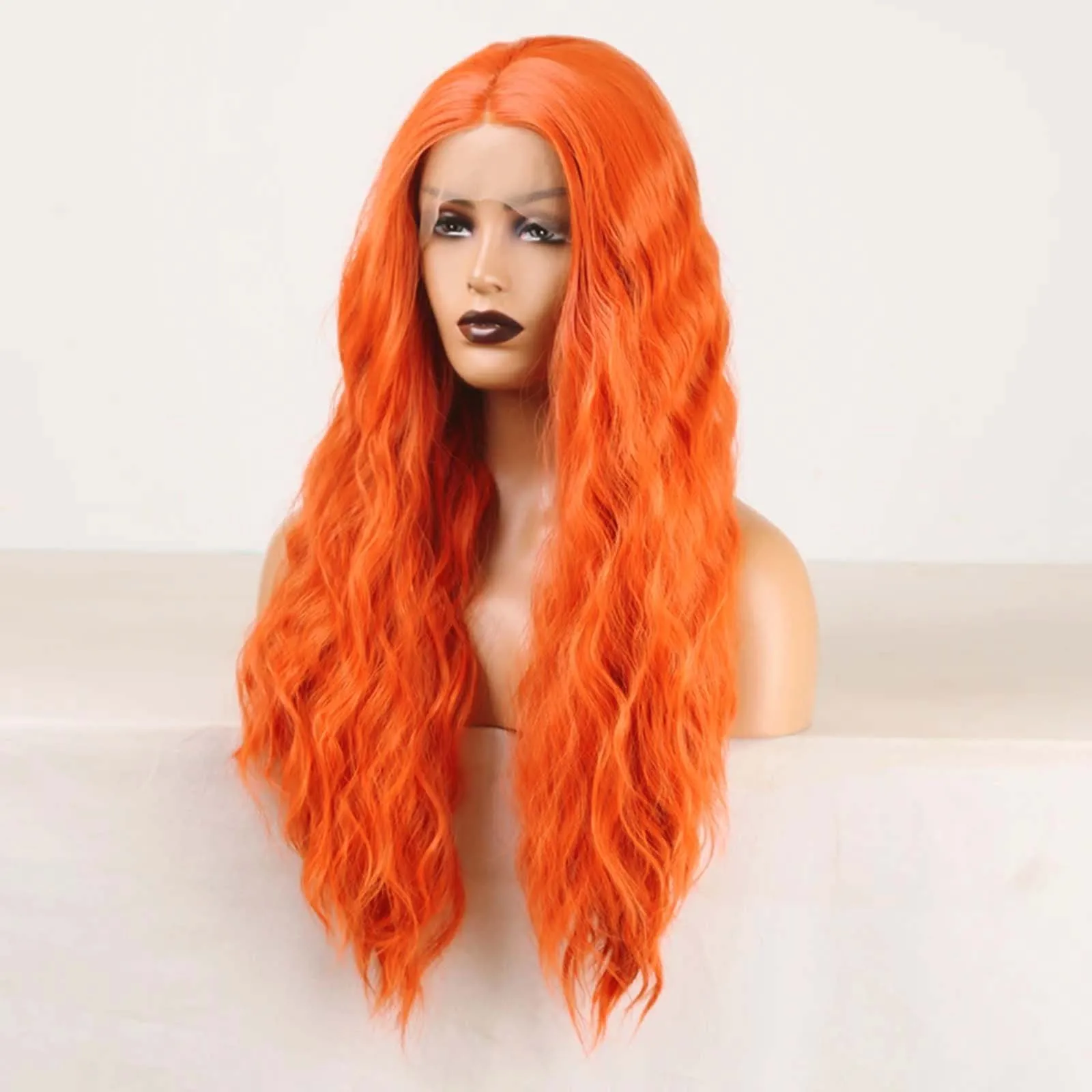 Neon Orange Long Wavy Wig Synthetic Lace Front Wig Natural Curly Ginger Colored Hair 13X4 Frontal Wigs for Women Party Cosplay