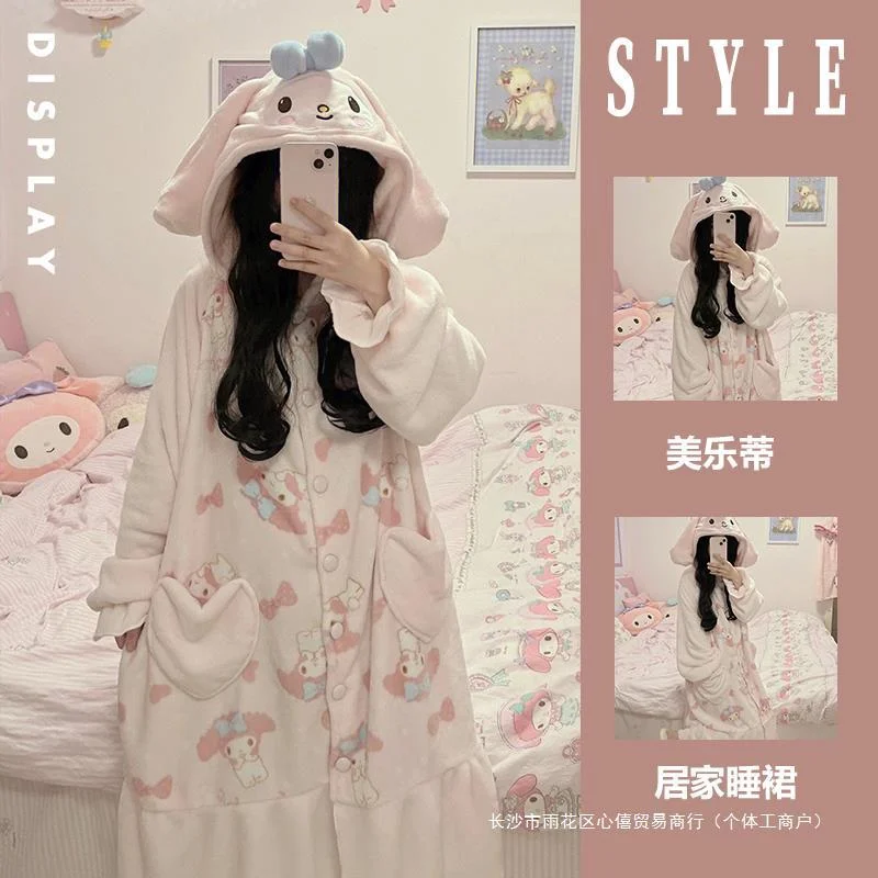 Sanrio Melody winter new pajamas cute cartoon nightgown flannel bathrobe animation loungewear