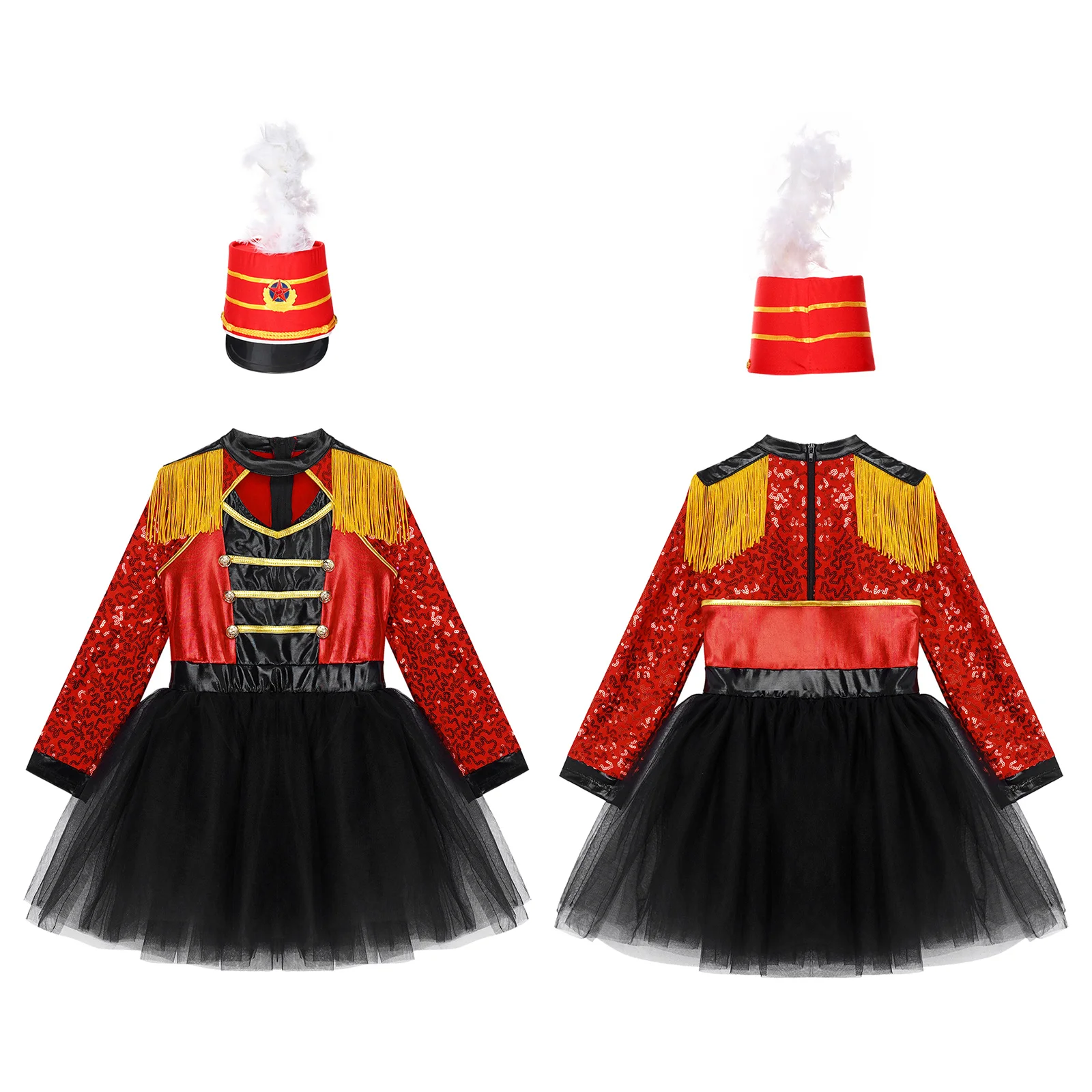 Kids Girls Circus Costume Long Sleeve Sequin Tassel Epaulet Leotard Tutu Dress Hat Suit Halloween Lion Tamer Ringmaster Jumpsuit