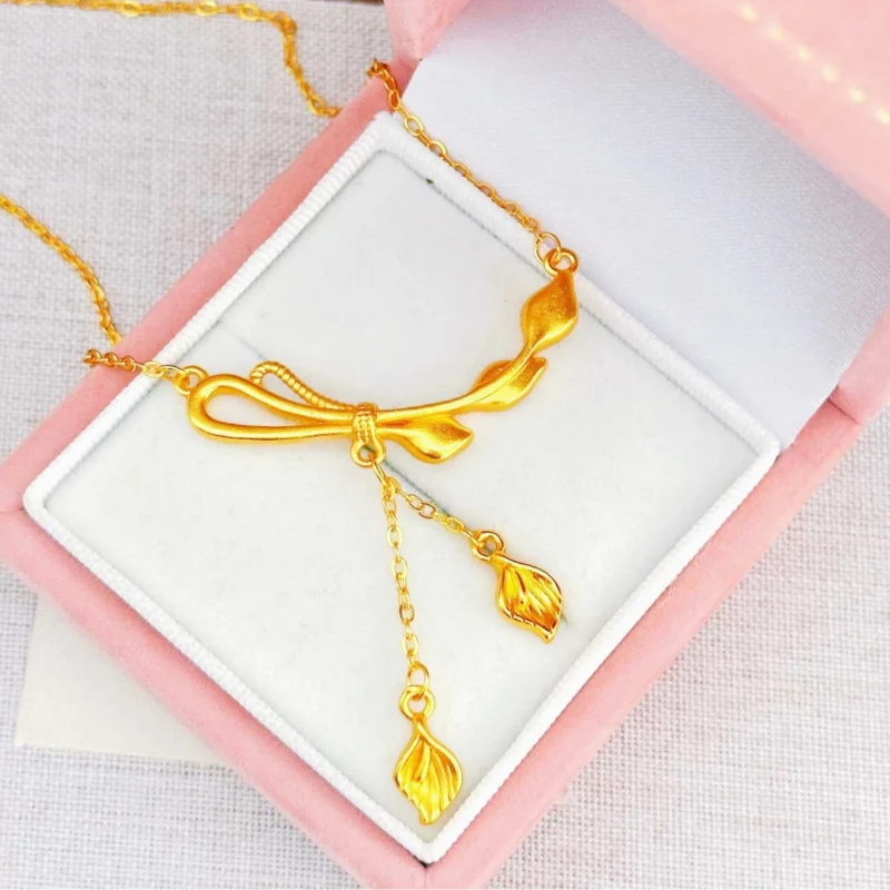 

Luxury 100% Real 24K Gold French Retro Calla Lily Tassel Collarbone Necklace, Niche Design, Jewelry Store Style