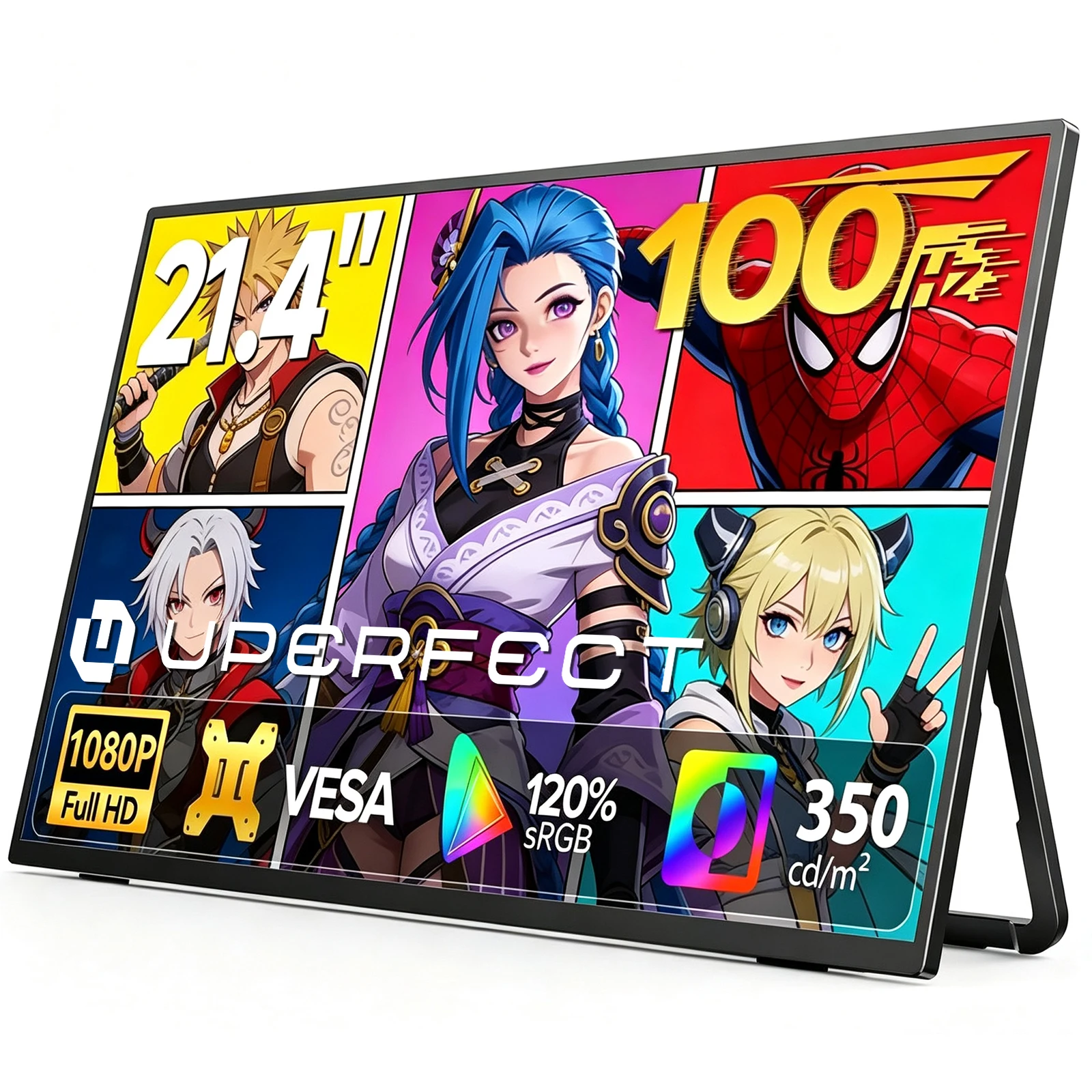 UPERFECT 21,4" tragbarer Monitor 100Hz 1080P FHD VA Freesync 120% sRGB USB-C HDMI Plug And Play Gaming-Bildschirm Externes Display Dual Lautsprecher Verstellbarer Ständer für PC Laptop Mac Telefon