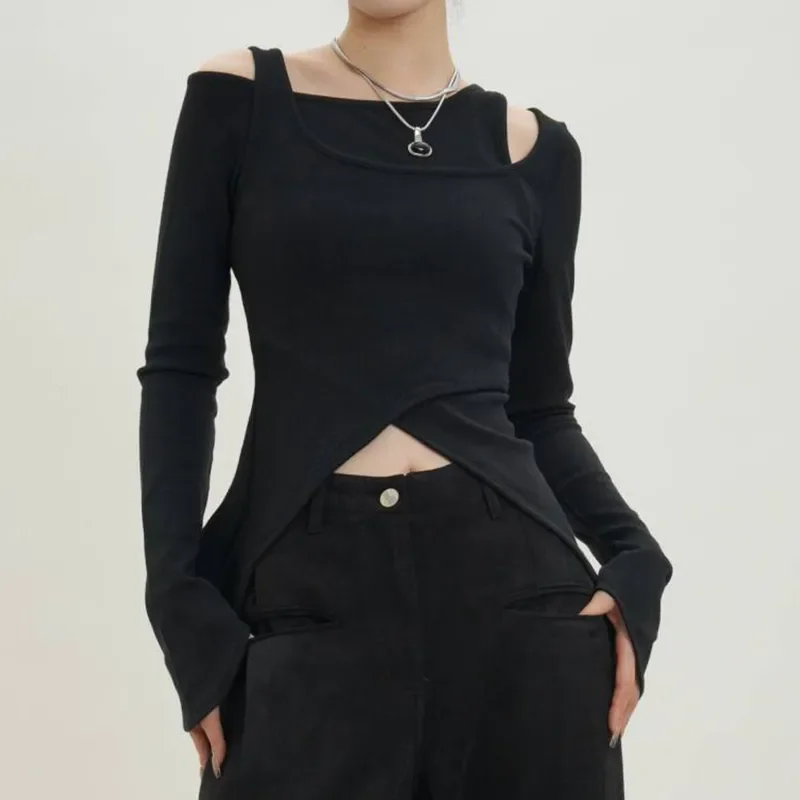 

Casual Long Sleeve Slim Pullovers Autumn Patchwork Fashion Asymmetrical Female Clothing Irregular Korean Solid Color T-shirts