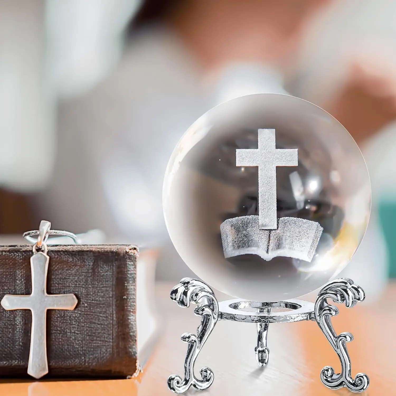 

3D Cross Bible Crystal Ball with Metal Stand Religious Christian Collectible Decoration for Home Office Baptism Gifts