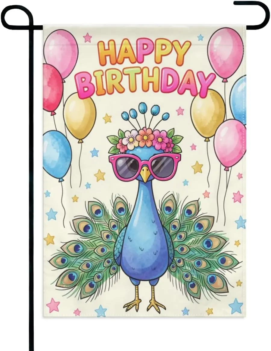 Happy Birthday Peacock Garden Flag 12x18 Inch Double Sided – Fun Cool Sunglasses & Floral Decor Yard Decoration for Outd yyi