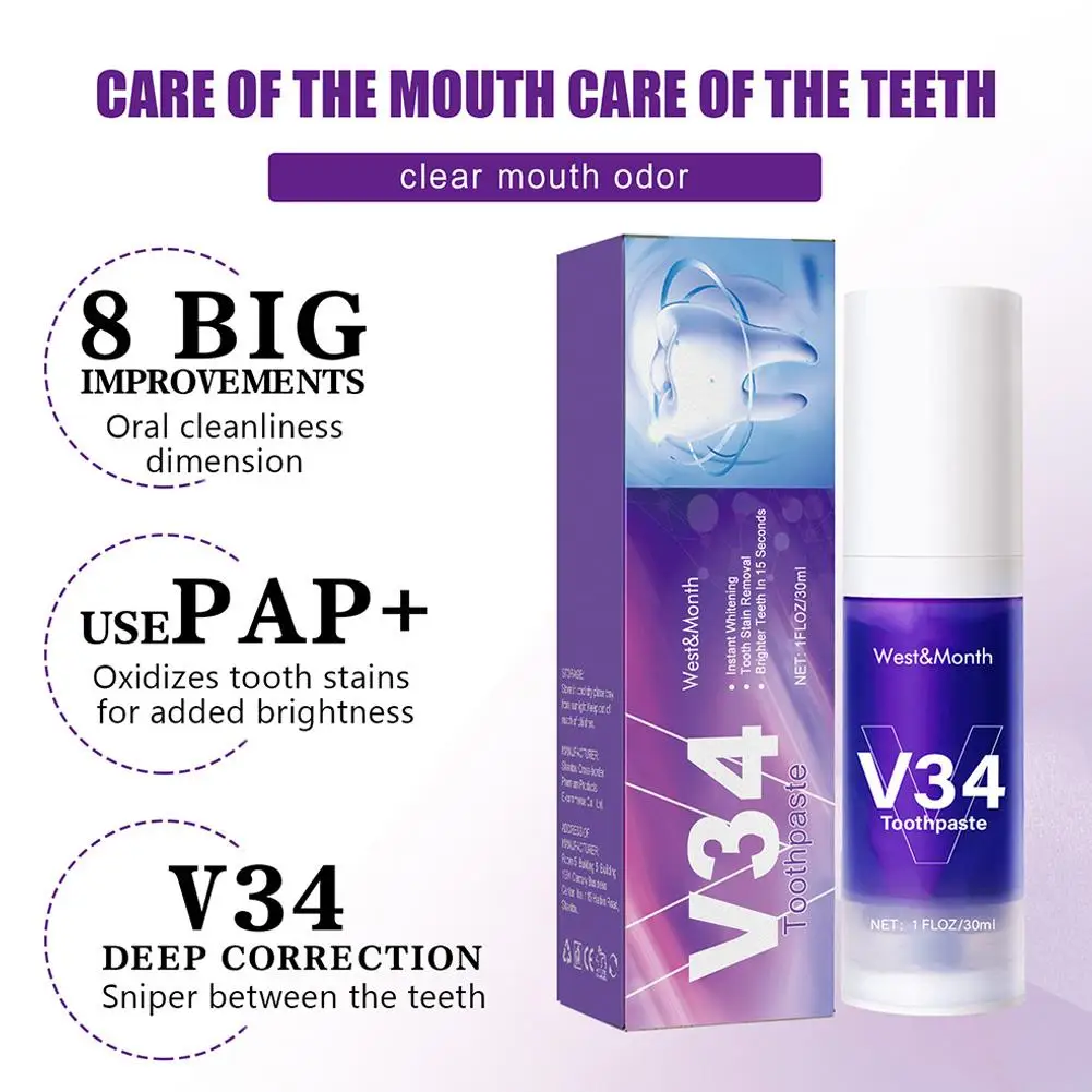 Complete Oral Care Whitening Toothpaste - V34 30ml for Stain Removal, Gum Protection & Fresh Breath