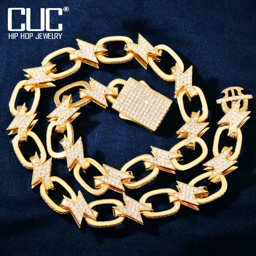 CUC 14MM Lightning Chain Men Hip Hop Necklace Chain Gold Silver Color Iced Out CZ Zirconia Rock Link Jewelry Gift