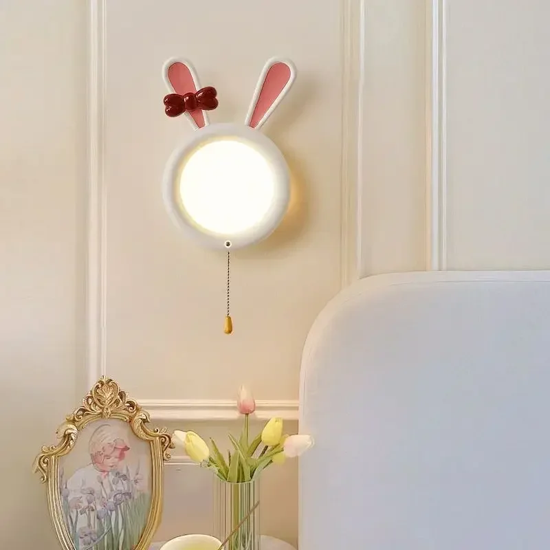 Cute Rabbit Ear Bow Pink White Led Wall Lamp With Cable Switch For Kids Bedroom Bedside Study Foyer Sofa Reading Night Lights
