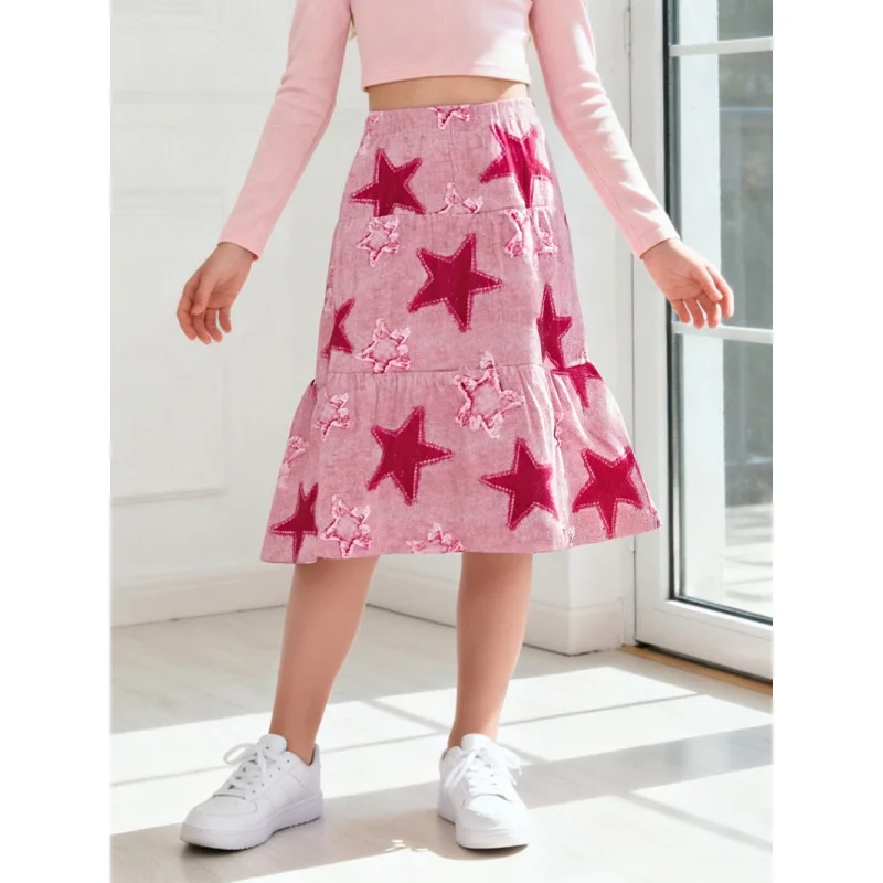 تنورة متوسطة الطول للفتيات بطباعة نجوم لعام 2026 - تنورة قصيرة وردية اللون بحاشية مكشكشة على شكل حرف A، تنورة أطفال عصرية غير رسمية لملابس اليومية والحفلات #4