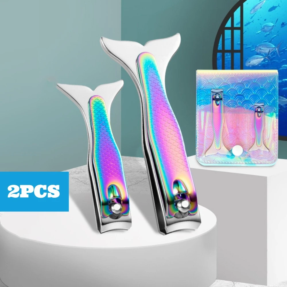 

2025 New Fashion Nail Clippers Colorful Titanium Gradient Fishtail Handle Nails Trimmer Pedicure Fingernail Tools 2PCS