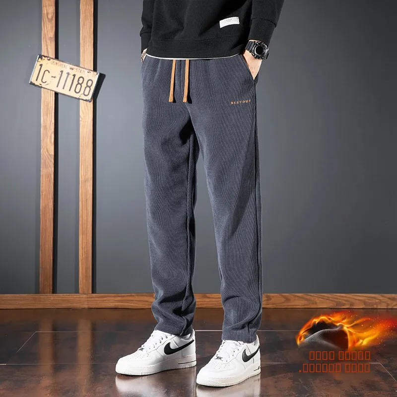 

Men's Autumn Winter Fce Lined Thiened Loose Fit Straight Leg Sports Pants Casual Trousers Elastic Waist Versatile Men's ...