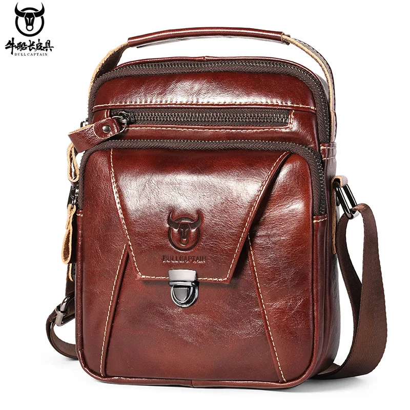 Real leather men's square lock zipper tote travel phone tablet storage large capacity shoulder crossbody bag