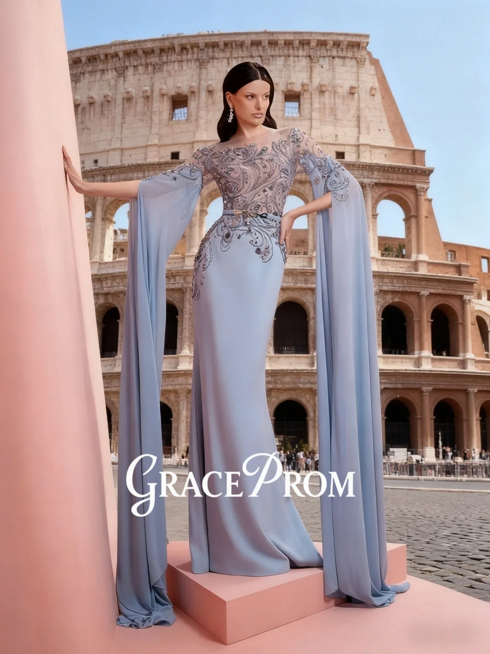 

GraceProm Glamorous Blue-Hued Evening Dress 2026 Beaded-Embellished Carpet Gown Fashion A-line Floor-Length Party Gown فسات