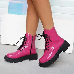 2024 Fashion Pink Motorcycle Boots Women Pu Leather Platform Ankle Boots Woman Autumn Winter Plus Size Lace Up Shoes