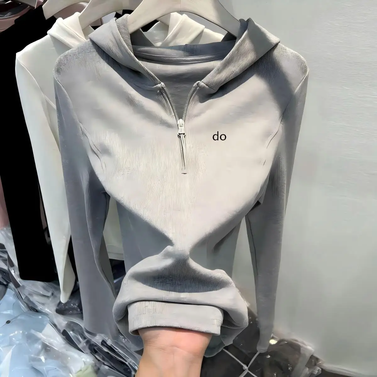 Grey hooded half zipper long sleeved sweatshirt for women 2026 new slim fit layered casual versatile top