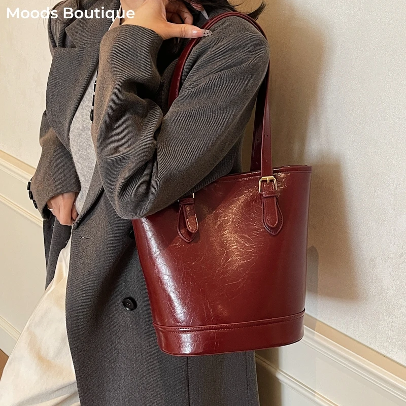 

MOODS High Quality Classic Shoulder Bucket Bags For Women PU Leather Pure Color Large Capacity Shopper Totes Dual-strap Handbags
