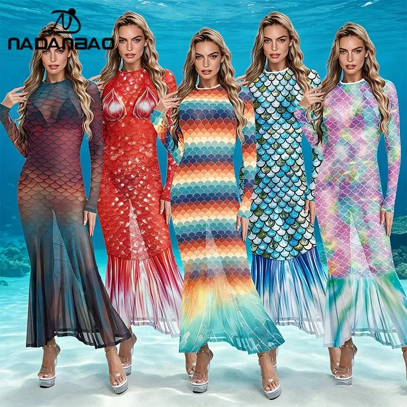 

Nadanbao 3D Fish Scale Print Women's Dress Sexy Long Sleeve Mesh Dresses Summer Beach Cover-Ups Halloween Mermaid Cosplay Outfit