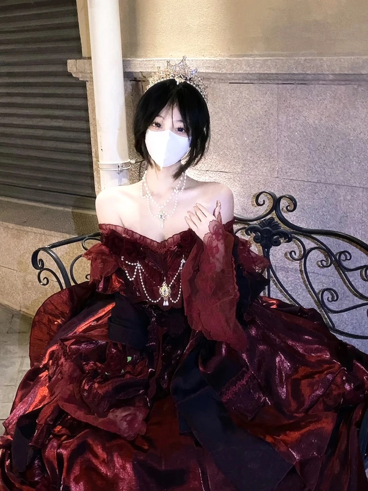 Short Sleeve Lolita Dress Fairy Long Dress Elegant  Heavy Industry Fluffy Princess Dress High Waist Red Vintage Dresses - Image 3