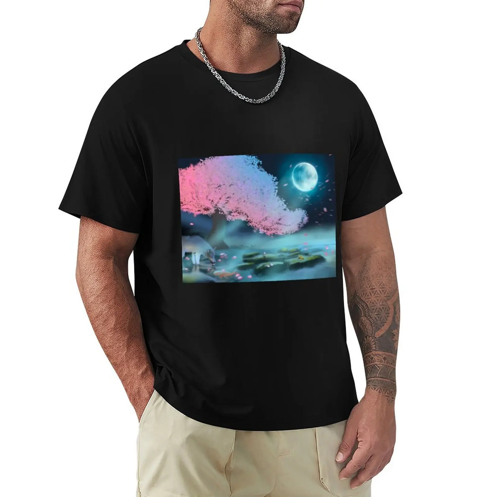 Wolf Moonlight Tree Scenic Drawing T-Shirt cotton t shirt man T-Shirt