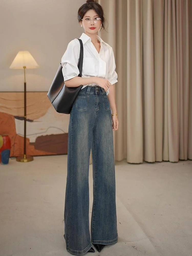 

Джинсы женские с высокой талией, прямые, широкие, на двойной пуговице, из денима, эластичные, утягивающие, осенние, 2024, новые, в стиле ретро, персонализированные