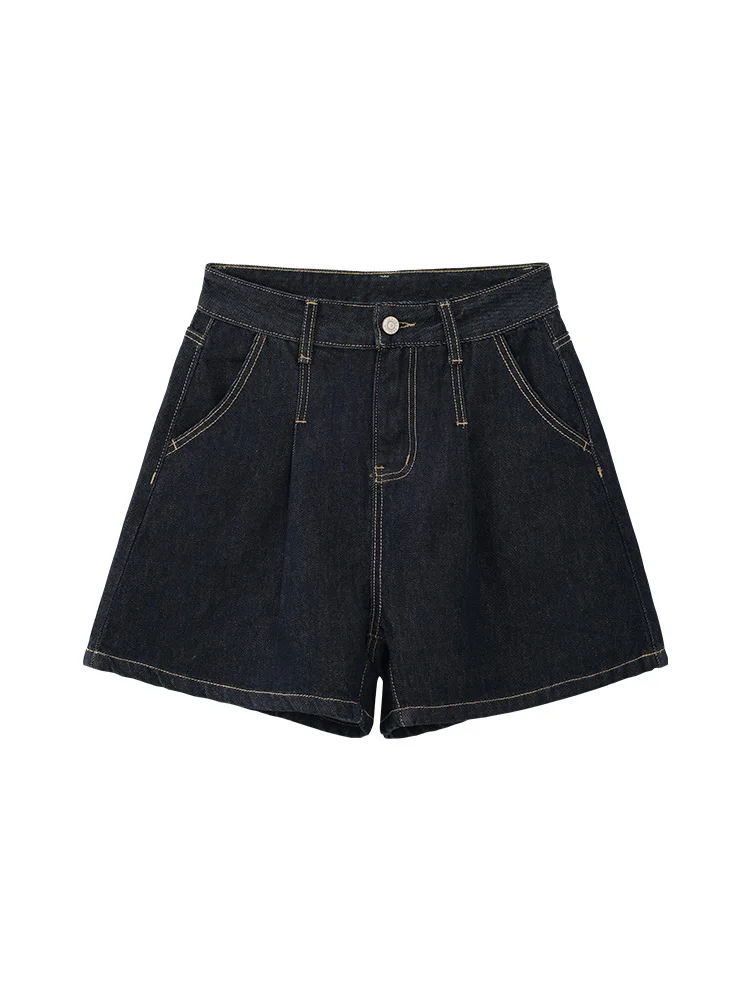 High Waist Dark Wash Denim Shorts Women Summer Vintage Loose Wide Leg Contrast Stitching Casual Trendy Hot Pants Daily Wear