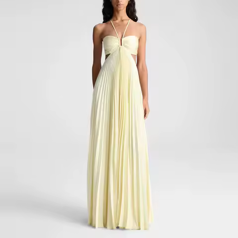 Simple Light Yellow Spaghetti Strap Backless A-line Women's Prom Dress Floor Length Beach Vacation Evening Party Cocktail Dress