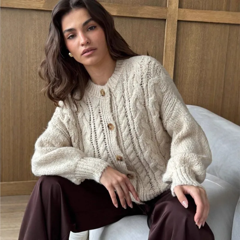 Women's Fashion Fried Dough Twists Knitting Sweater Simple O-neck Single Breasted Cardigan Ladies Winter Warm Versatile Clothing