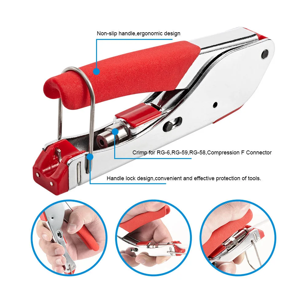 New Multitool Wire Stripping Squeezing Pliers Coaxial Cable Cold Press Clamp RG59 RG6 Cable TV Crimping Tool Set with 20 F Heads