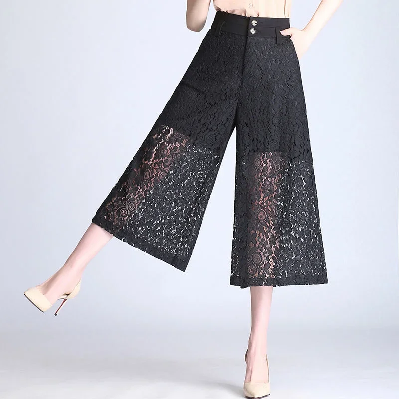 

Capris Pants Lace Hollow Wide Leg Women Summer Korean Fashion Loose Trousers Elastic High Waist Pantalones Mujer New