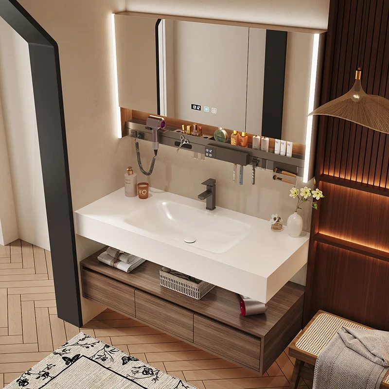 

Light luxury cream wind rock slab hot bending integrated basin bathroom cabinet combination solid wood bathroom washbasin