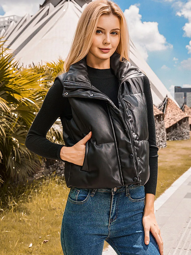 

FSMG Spring Autumn PU Leather Vests Women Elegant Black Stand Collar Zipper Short Jacket Fashion Streetwear Puffy Down Waistcoat
