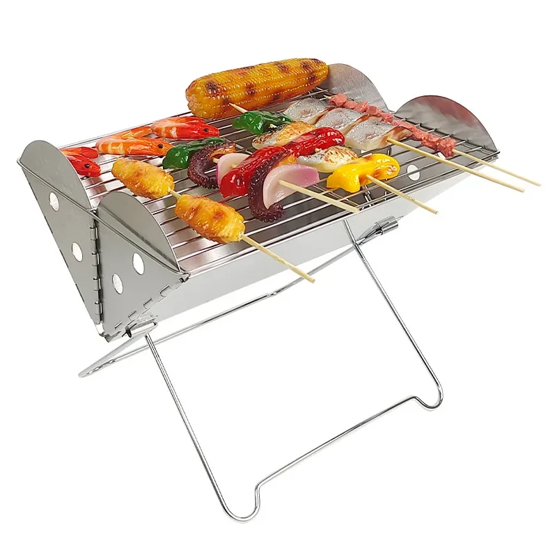 Portable Folding BBQ Grill Multifunction Camping Barbecue Grill Stove Rack Net Firewood Stove Stainless Steel BBQ Grill Charcoal