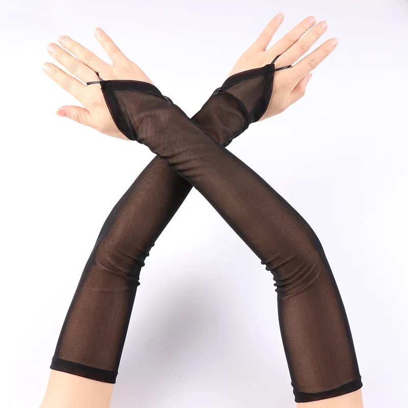 50 cm Frauen Schwarz Weiß Transparent Mesh Atmungsaktive Elastizität Haken Finger Lange Handschuhe Sexy Party Etikette Fingerlose Handschuhe