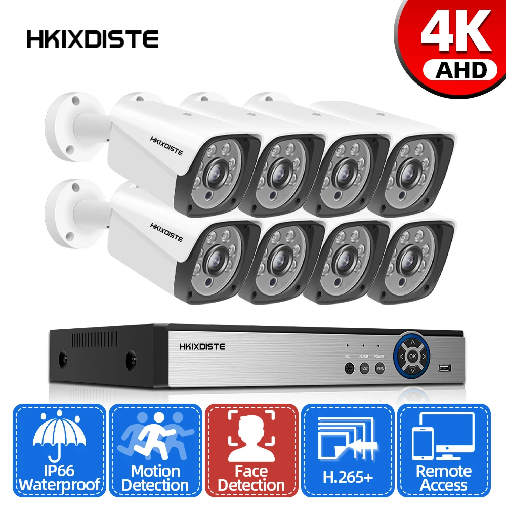 

HKIXDISTE 8MP HD Outdoor Waterproof Camera Security System Kit Home Camera Video Surveillance 4k 8mp H.265 8CH AHD Cameras Set