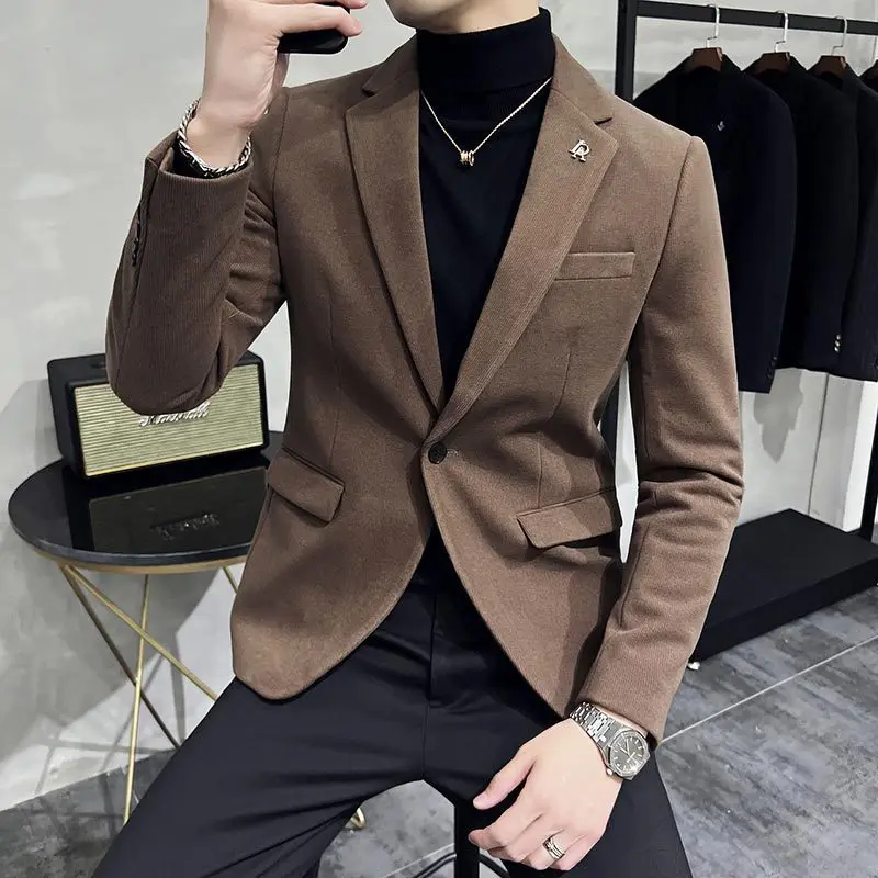 European and American Winter New Woolen Suit Texture Pattern Advanced Sense Men's Dark Stripe Thickened Woolen Suit Jacket